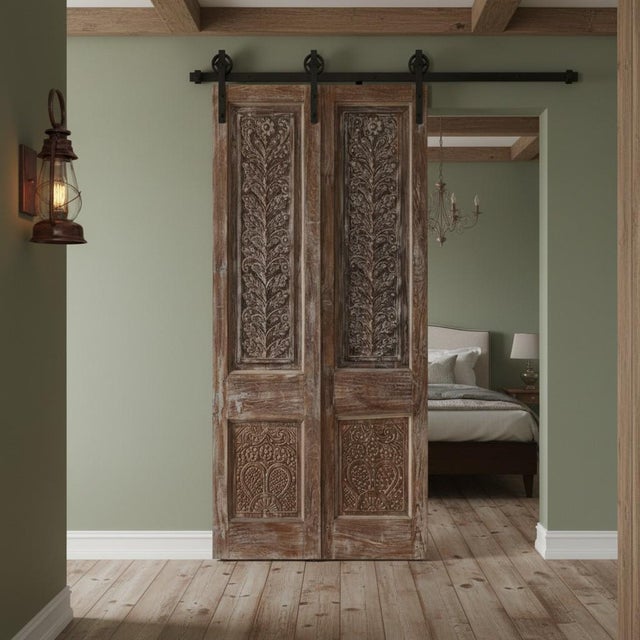 1920s Antique Carved Double Door With Brass Studs – Rustic Sliding or Hinged Barn Doors 80x42 For Sale - Image 5 of 5