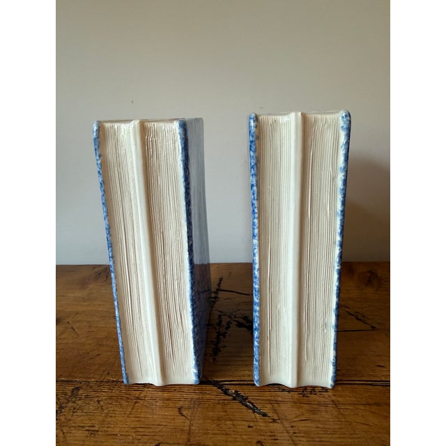 Ceramic Pair of Faux Book Themed Book Ends, Blue & White Hand Painted Ceramic, Heavy For Sale - Image 7 of 8