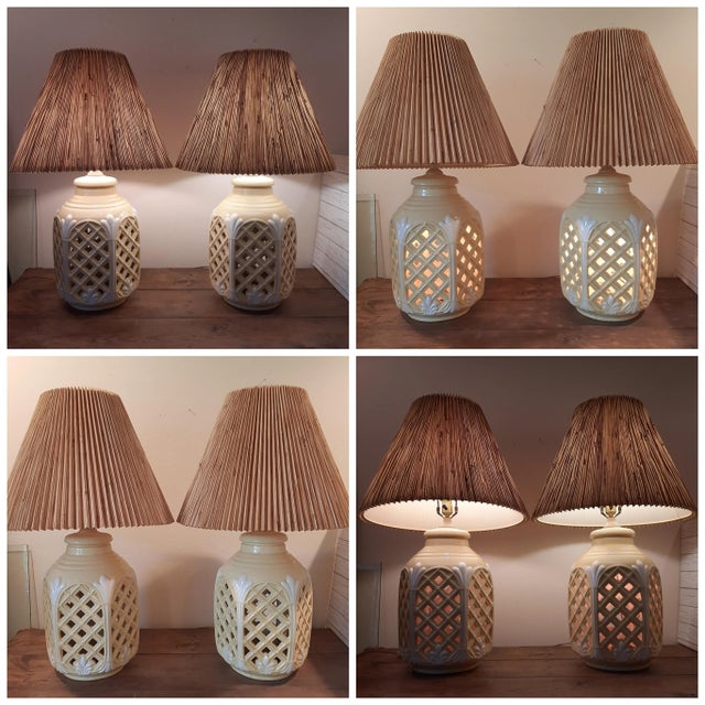 Lattice Cutout Glow Lamps Grass Cloth Shade For Sale - Image 11 of 12