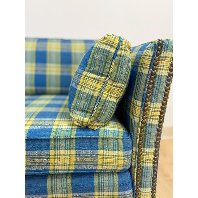 Vintage MCM Retro Plaid Sofa in Electric Blue and Green With Nailhead Trim For Sale - Image 13 of 13