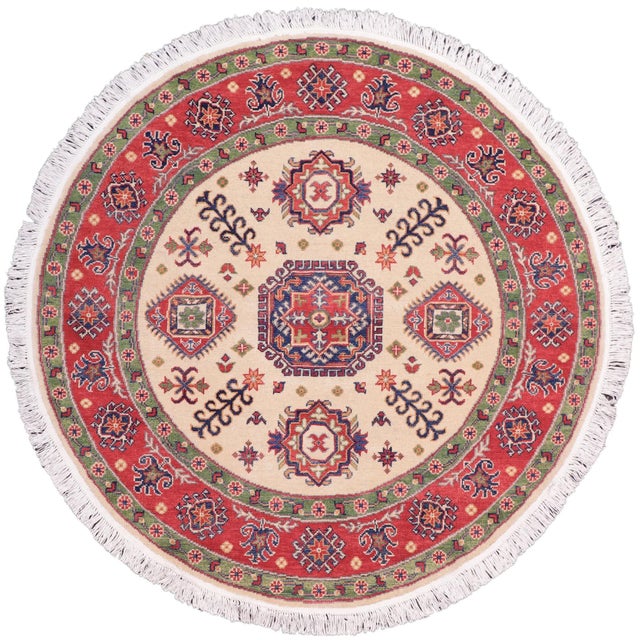 Textile Shabby Chic Tribal Kazak Ivory/Red Wool Round Rug- 4'9''x4'11'' For Sale - Image 7 of 7