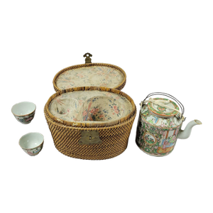 Antique Rose Medallion Tea Set in Picnic Travel Basket - One Set
