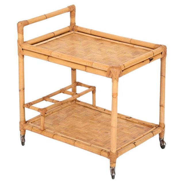 Mid-Century Italian Rectangular Bamboo, Rattan and Wicker Serving Bar Cart, 1960s For Sale - Image 13 of 13