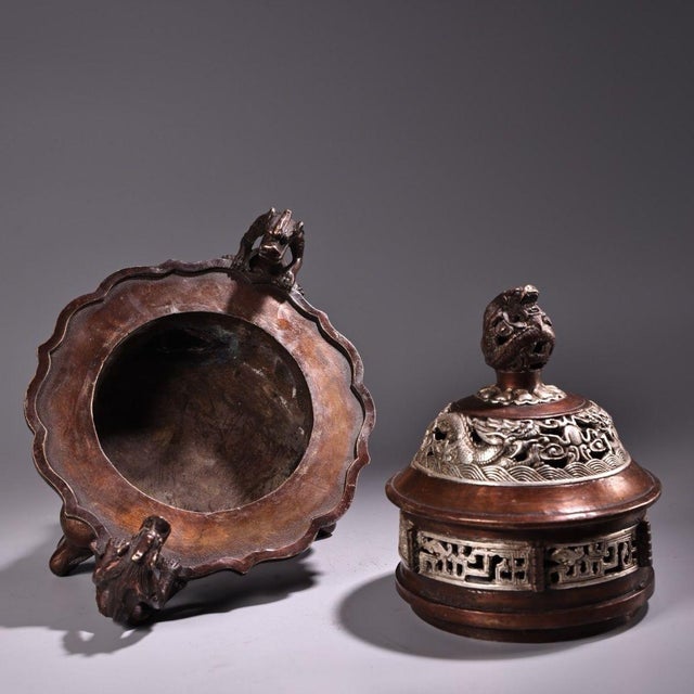 Copper Copper & Silver Dragon Incense Burner, Coiled-Dragon Censer With Elephant Feet For Sale - Image 8 of 10