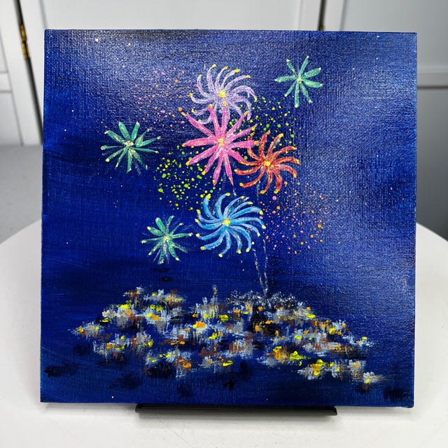 Celebration 8" X 8" Unframed Acrylic Painting Wall Art Original Fireworks Scene For Sale - Image 4 of 7
