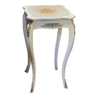 French-Style White Accent Table – Floral Inlay Top With Silver Leaf Details & Cabriole Legs For Sale
