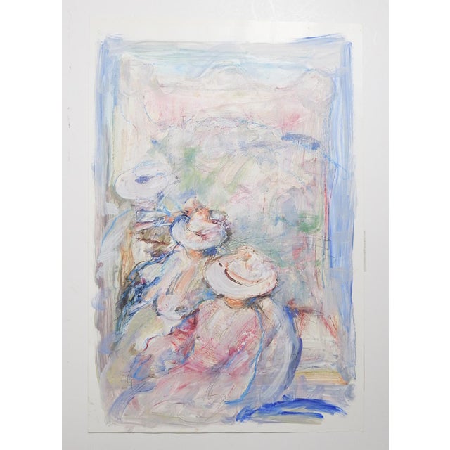 Late 20th Century Impressionist Ladies in Pale Blue Pink Painting For Sale - Image 4 of 4