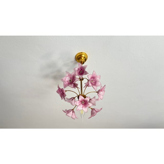 Vintage Italian Murano Style Hand-Painted Pink Floral Pendant Light, Romantic Glass Blossom Chandelier, Dramatic Ceiling Shadow Display For Sale - Image 17 of 17