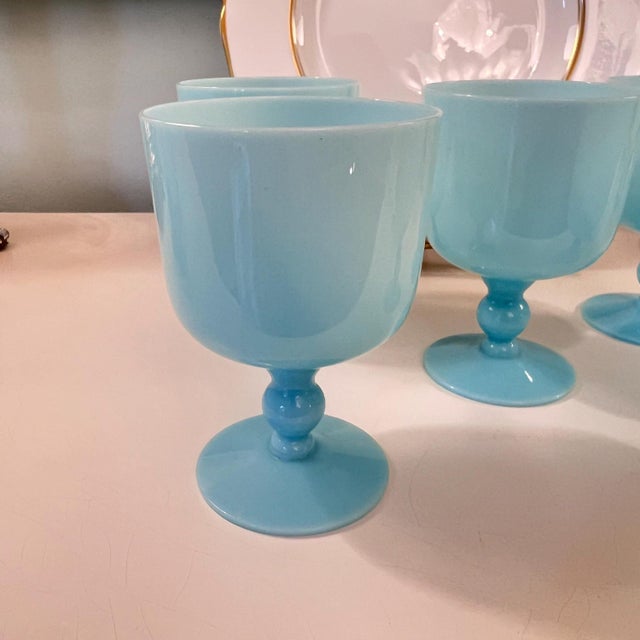 1930s Pretty set of 5 Morgantown Americana turquois blue opaline goblets // demi crystal // water / wine glasses // blue glasses For Sale In Kansas City - Image 6 of 7