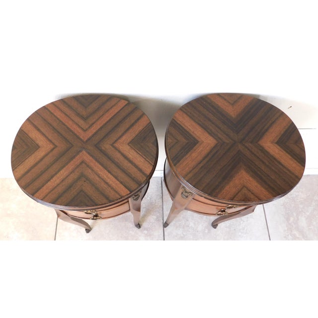 Pair Vintage C1940s French Oval Brass & Wood Side/End Bedside Tables For Sale In West Palm - Image 6 of 16