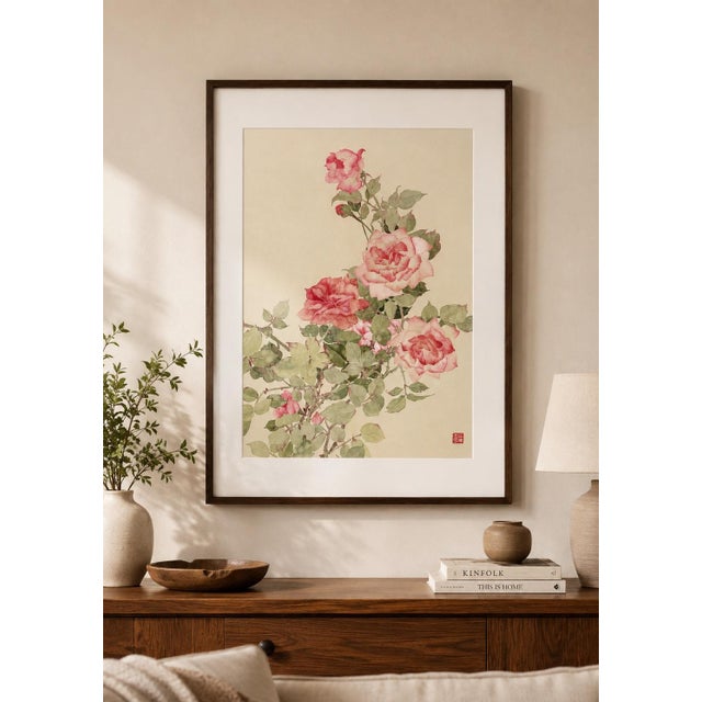 Beautiful original hand-painted floral artwork featuring soft pink roses and muted green foliage. Each piece is...