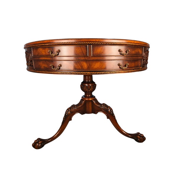 English Mid-Century Weiman Heirloom Model 5040 Mahogany Gilt-Tooled Leather Drum Table For Sale - Image 3 of 10