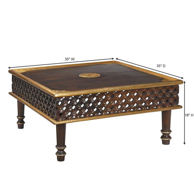 Art Deco 1990s Lattice Carved Solid Wood Square Coffee Table With Brass Accents For Sale - Image 3 of 4