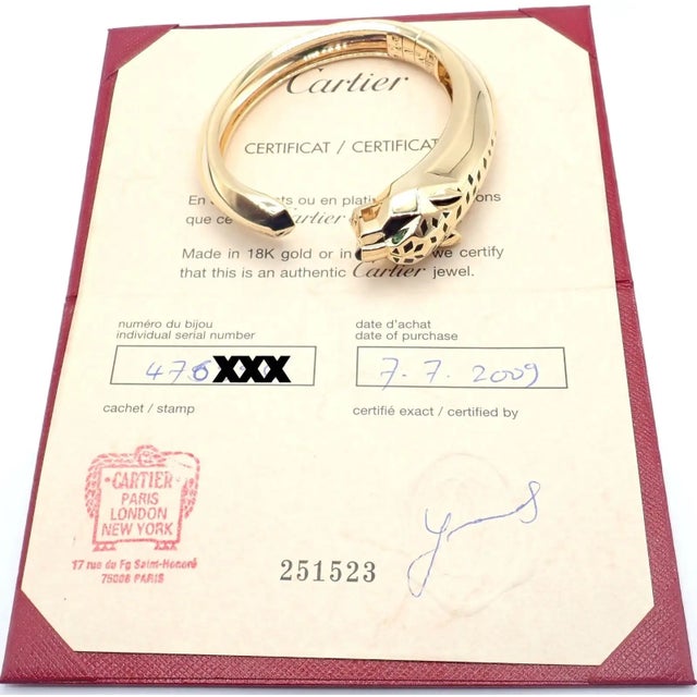 Metal Cartier Panther Panthere Tsavorite Onyx Yellow Gold Size 16 Bangle Bracelet For Sale - Image 7 of 13