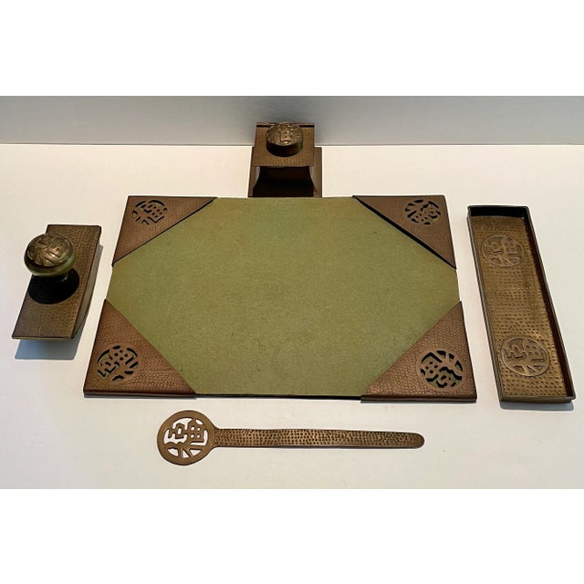 Early 20th Century Antique Hammered Chinoiserie Brass Bronze Desk Set- 5 Pieces For Sale - Image 5 of 13