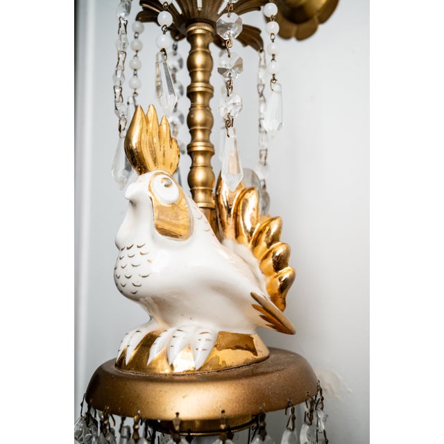 Mid 20th Century Mid 20th Century Monumental Pair of 25” Hollywood Regency Porcelain Rooster Crystal Sconces – Gilt Italianate Figural Wall Lights For Sale - Image 5 of 5