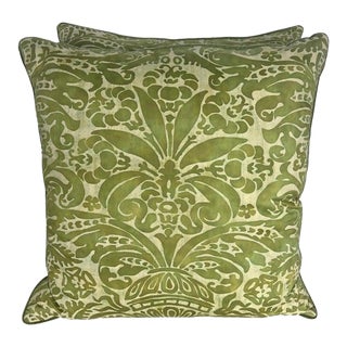 Pair of Green and Cream Fortuny Textile Pillows For Sale
