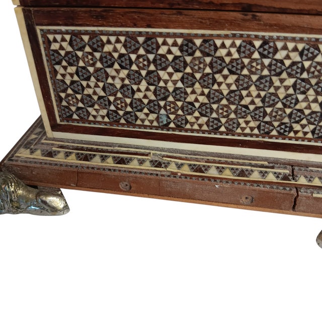 Brown Vintage Large Wood Box Micro Mosaic Inlaid Marquetry With Blue Velvet 17 X 7 X 4.5 For Sale - Image 8 of 17