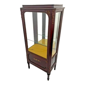 1920s Antique Curio China Cabinet Vitrine Lighted Locking Door Glass Shelf Brass Trim