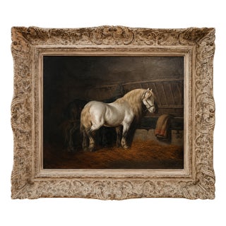 Théodore Fort, White Horse in the Stable, 19th Century, Oil on Canvas, Framed For Sale