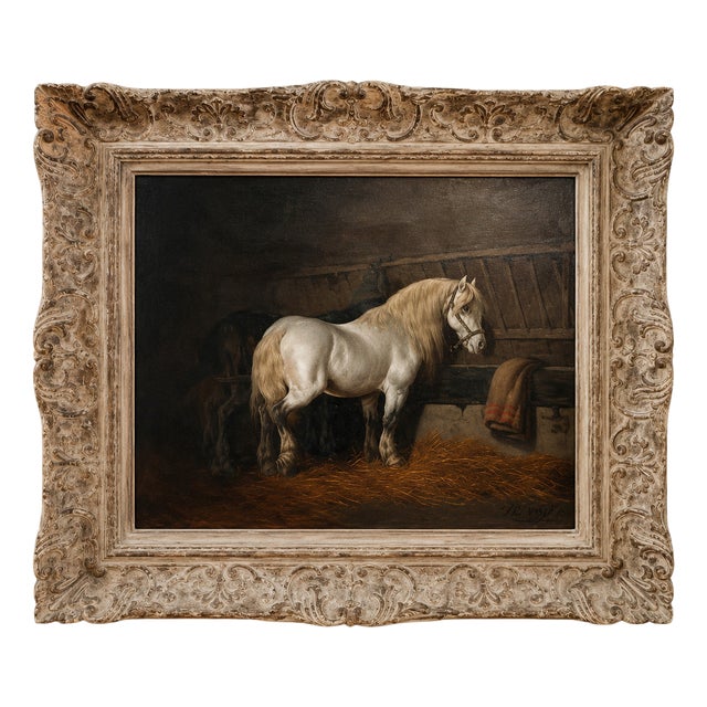Théodore Fort, White Horse in the Stable, 19th Century, Oil on Canvas, Framed For Sale