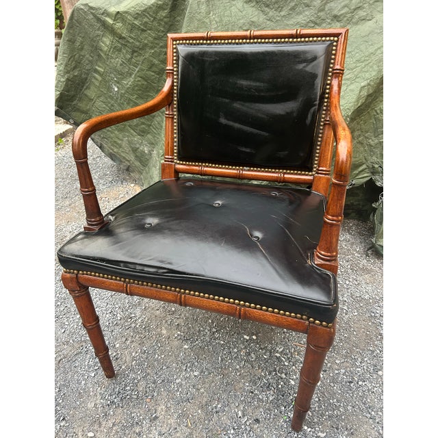 Mid-Century Hollywood Regency Faux Bamboo & Tufted Black Leather Armchair For Sale - Image 11 of 11