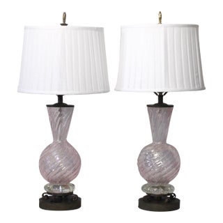 1950s Barovier Toso Murano Glass Lamp Pair With Pleated White Shades For Sale