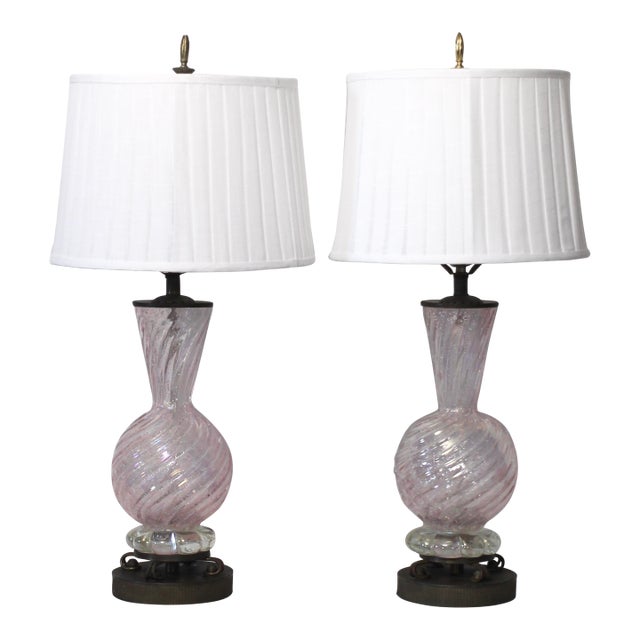 1950s Barovier Toso Murano Glass Lamp Pair With Pleated White Shades For Sale