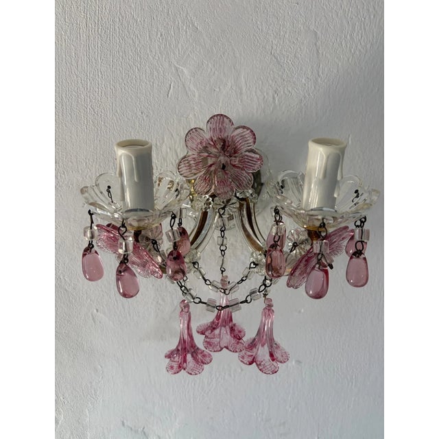 C 1930 Rare Pink Cranberry Fuchsia Murano Flowers Crystal Sconces One of Kind For Sale - Image 9 of 11