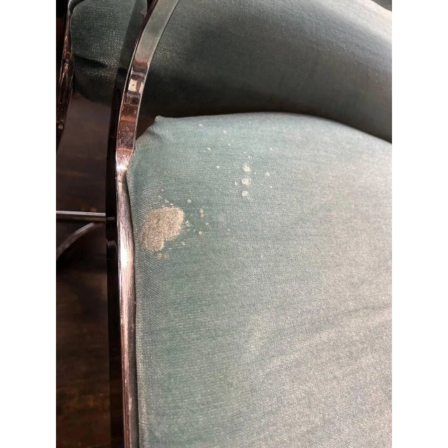 1980s Set of 6 Mid-Century Bar Stools With Aqua Mohair Upholstery and Chrome Bases For Sale - Image 14 of 14