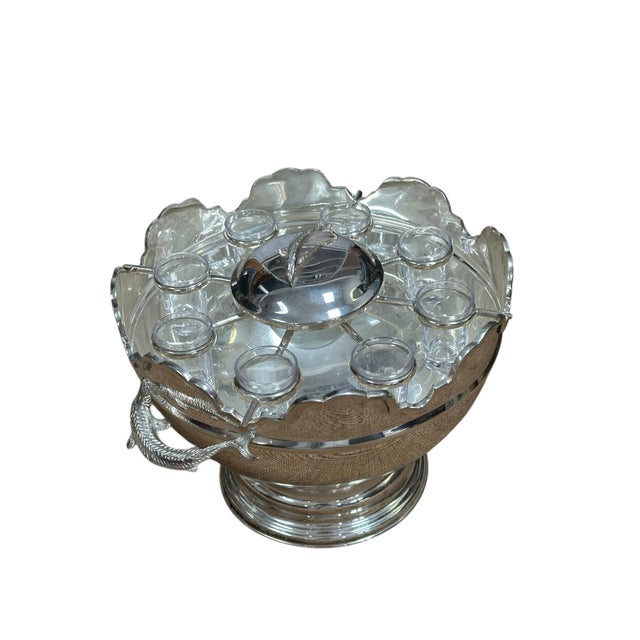 VINTAGE SILVERPLATE AND GLASS CAVIAR AND VODKA MONTEITH BOWL SERVER WITH STURGEON RELIEF HANDLES AND LID A striking...