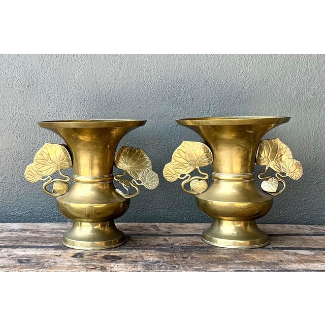 Vintage Brass Ginko Motif Vases - A Pair For Sale - Image 4 of 16