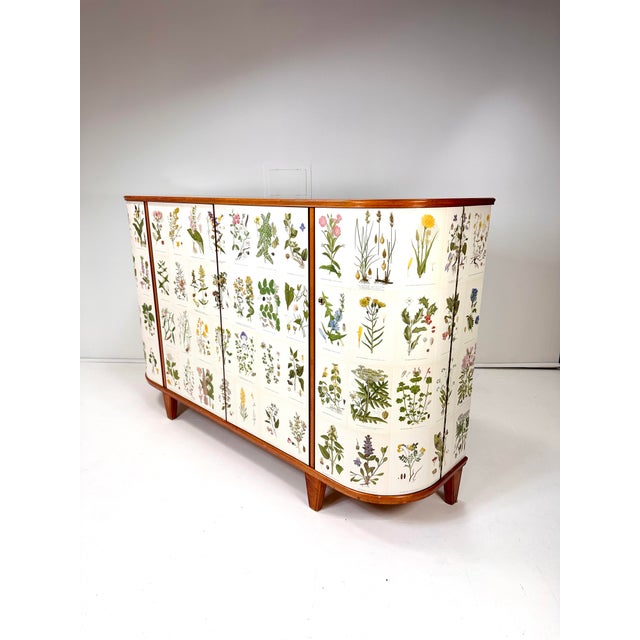 1950’s Swedish Cabinet later papered with illustrations by C.A. Lindman book Nordens Flora. Curved cabinet consists of 4...