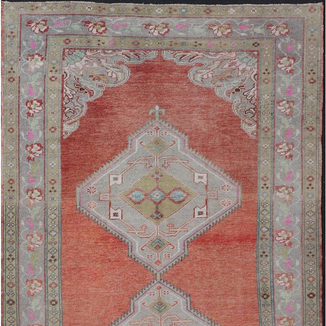 Traditional Vintage Turkish Oushak Gallery Runner in Coral, Grey, Green, Lavender, Yellow For Sale - Image 3 of 11