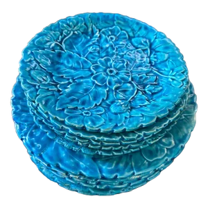 Antique French Turquoise Pv Majolica Texture Strawberry Plant Plates- 12 Pieces