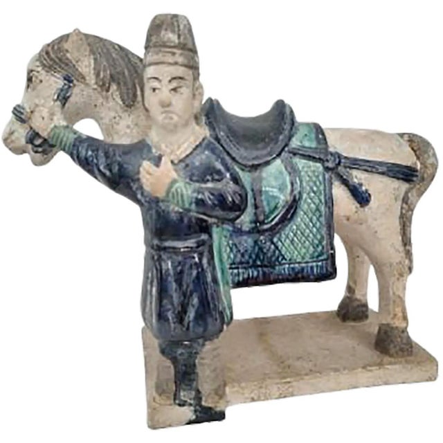 Traditional Antique 16th Century Chinese Ming Dynasty Glazed Pottery Horse and Groom - Rare Cobalt Blue and Turquoise Mingqi For Sale - Image 3 of 13