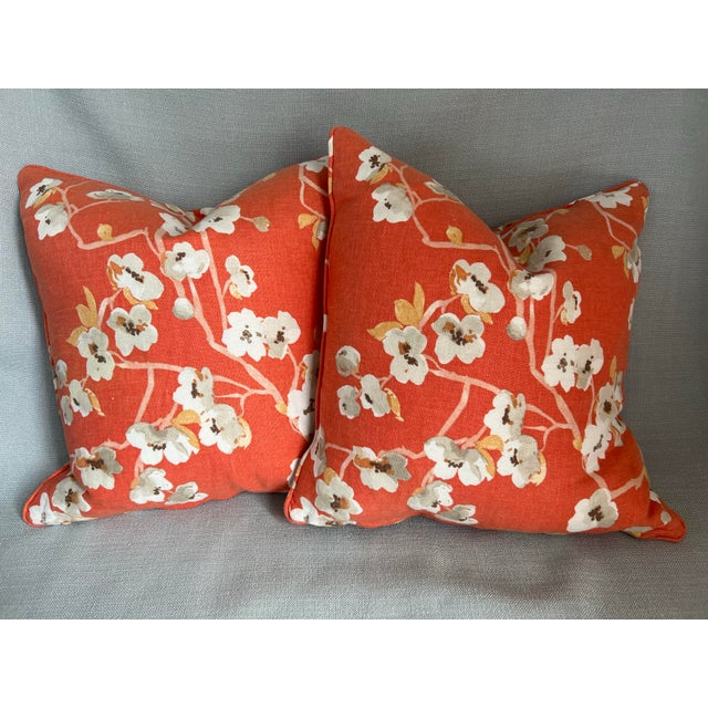 Pair of Custom Made Orange Cherry Blossom Accent Pillows With Feather Inserts For Sale - Image 12 of 12