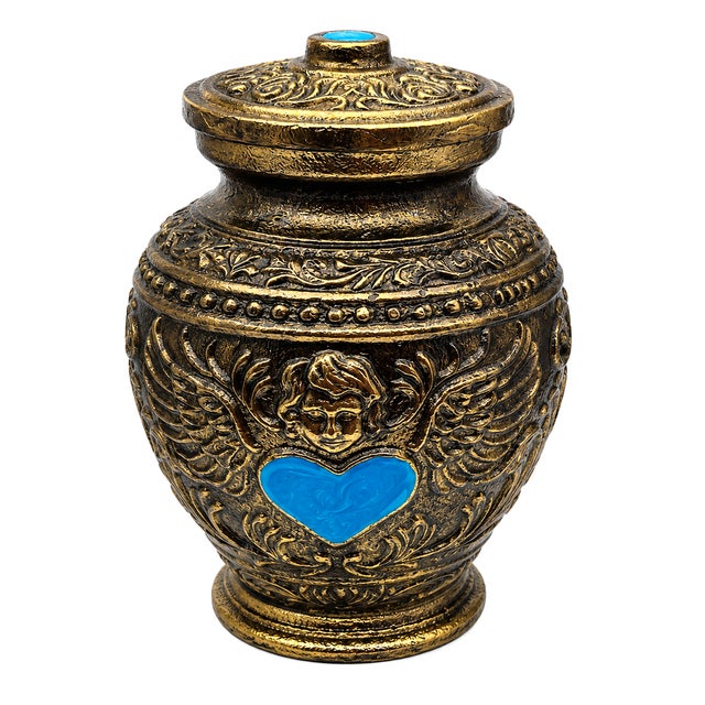 Turquoise Aura Angel Wings Turquoise Heart Keepsake Cremation Urn Metal Antique Finish For Sale - Image 8 of 10