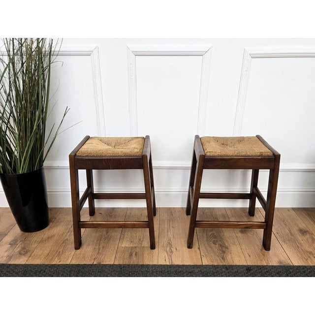 Mid-Century Modern Italian Wood and Cord Woven Rope Stools, 1960s, Set of 2 For Sale - Image 3 of 10