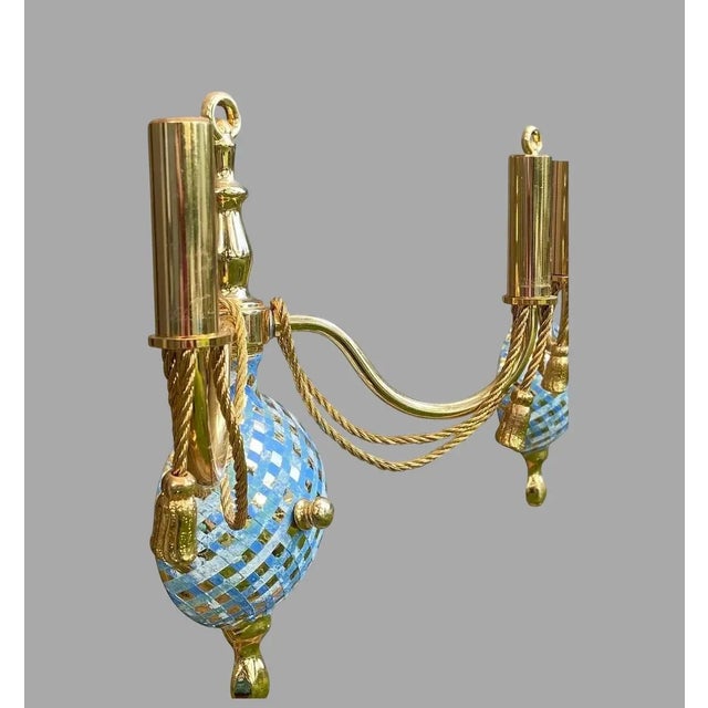 Gold Two Arm Light Sconce With Faux Marble Lattice - a Pair For Sale - Image 4 of 5