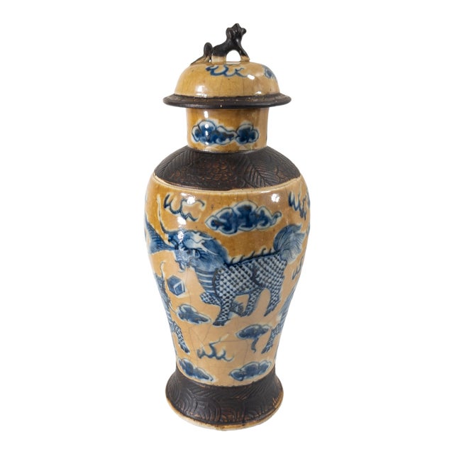 19th Century Chinese Cafe-Au-Lait Garniture Vase With Blue Foo Dogs or Qylin For Sale