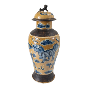 19th Century Chinese Cafe-Au-Lait Garniture Vase With Blue Foo Dogs or Qylin