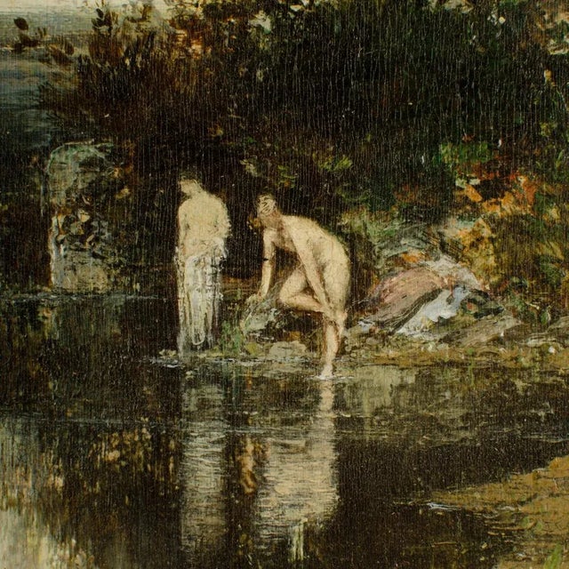 Green 19th Century "Quick Dip" Figurative Oil Painting, Framed For Sale - Image 8 of 13