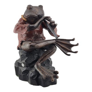 Rare Heavy Large Bronze Sculpture " Frog With Legs Crossed Playing Flute" 10 LBS For Sale