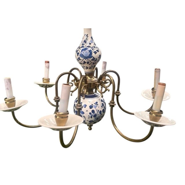 Vintage Delft Blue and White Floral Hand Painted Porcelain, 6 Arm Brass Chandelier/Hanging Light Fixture.