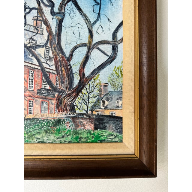 1980's Edwina Z. Worsley Historic Brick Architecture and Winter Tree Landscape Oil Sold For Sale - Image 9 of 11