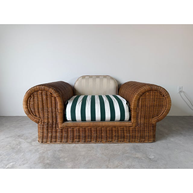 1970s Vintage Coastal Organic - Rattan Armchair With Rolled Arms & Striped Cushions For Sale - Image 4 of 15