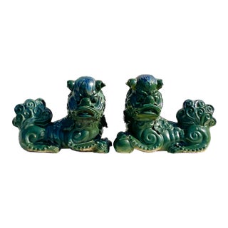 Vintage Emerald Glazed Ceramic Foo Dogs – A Pair For Sale