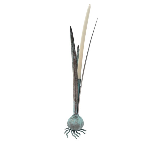 Vintage Verdigris Cattail Candleholders, Copper Bronze Metal, Pair, 13" For Sale - Image 4 of 13
