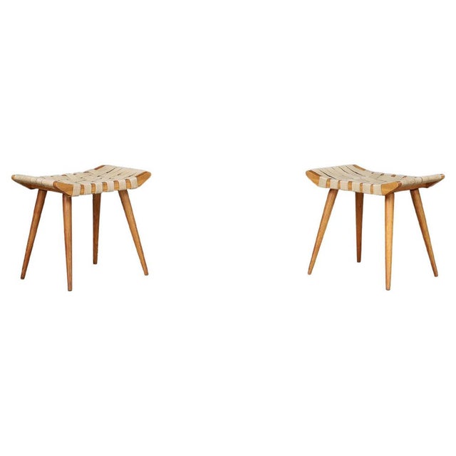 Mid-Century French Ash Stools with Original Canvas Webbing, 1950s, Set of 2 For Sale - Image 11 of 11